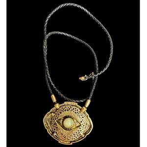 Gold & Silver Eye Medallion Black Rope Necklace w. Lime Green Glow Dark Stone
